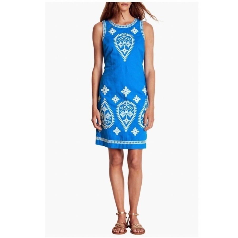 Boden‎ Blue White Embroidered Heart Flower Sleeveless Shift Dress US 14